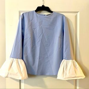 Blue and White Color Block Flared Sleeves Shirt